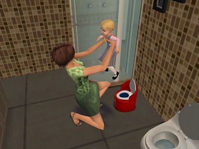 Mom teaches Kim to use the potty.